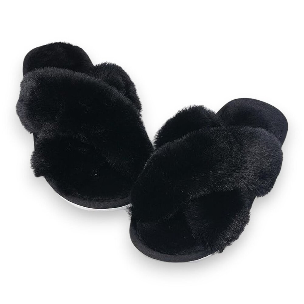 Womens Fuzzy Slippers Cross Band Memory‎ Foam Slippers - Size 5-6